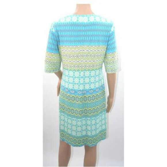 Donna Morgan Blue Green Yellow Retro Stretchy Aztec Geometric Shift Dress M - Picture 3 of 4